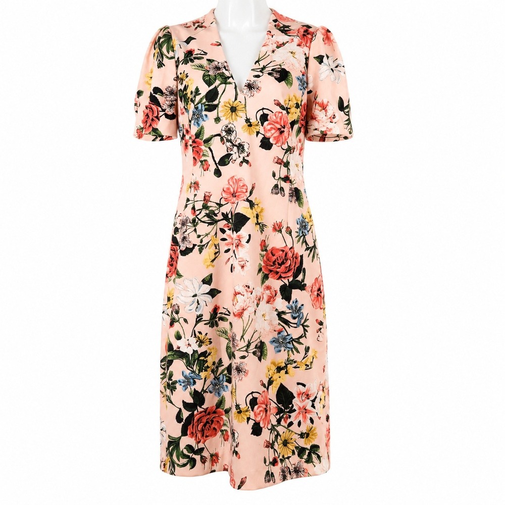 Vince Camuto Sheath Dress 8 Pink Floral Short Sleeve Midi Wedding Romantic Event